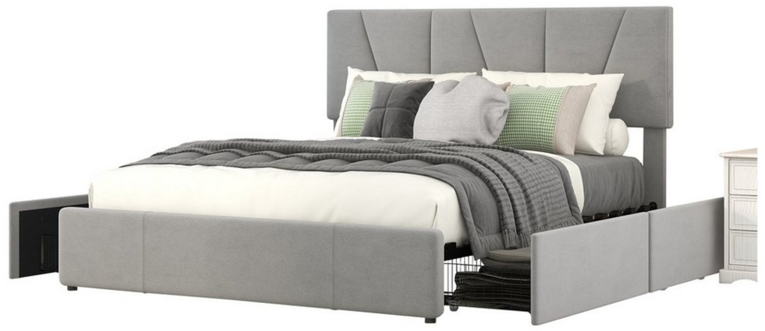 OKWISH Bett Double Size Polster Plattform Bett, gepolstertes Bett (mit vier Schubladen auf zwei Seiten,Verstellbares Kopfteil, 140*200cm), Ohne Matratze Bild 1