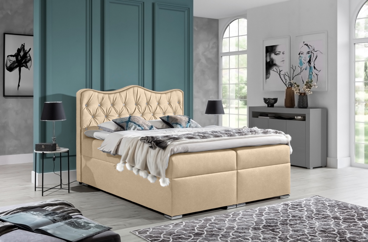 99rooms Figaro Boxspringbett Velours ROYAL VELVET Creme 120x200 cm Bild 1