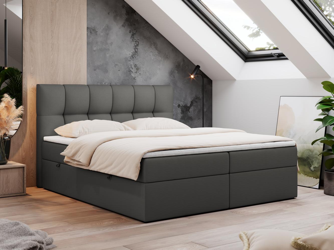 Boxspringbett mit Kopfteil und Topper, Doppelbett - RICO - 140x200cm - Grau Kunstleder - H3 Bild 1