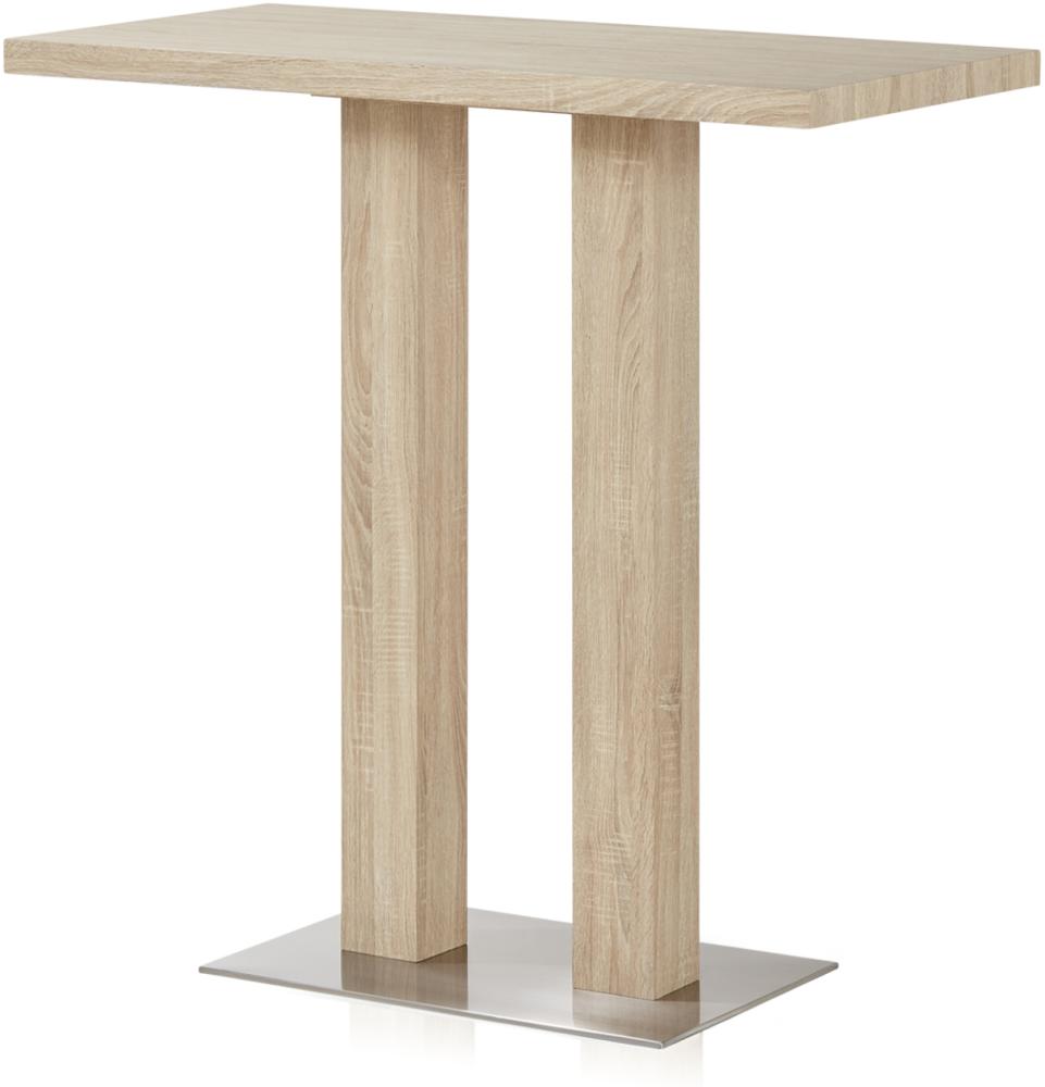 UNO Bartisch 120 x 60 x 107 cm Tischplatte und Säulengestell Holzwerkstoff foliert, Eiche Sonoma Optik, Küchentisch, Küchentresen, rechteckiger Stehtisch, Bodenplatte Edelstahl gebürstet Bild 1