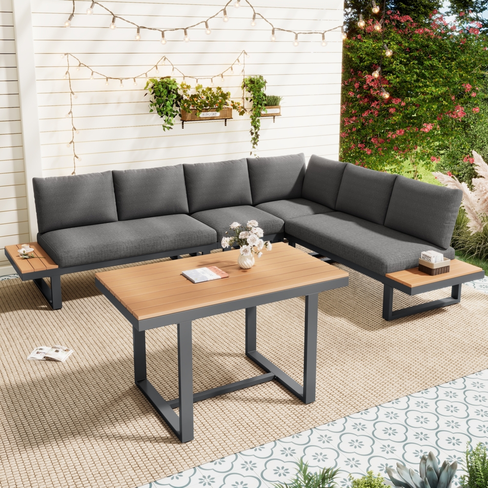 Merax Gartenlounge-Set 6-Sitzer Gartenmöbel 1 Tisch, Ecksofa mit 5-stufig-Neigungsfunktion, grau Bild 1