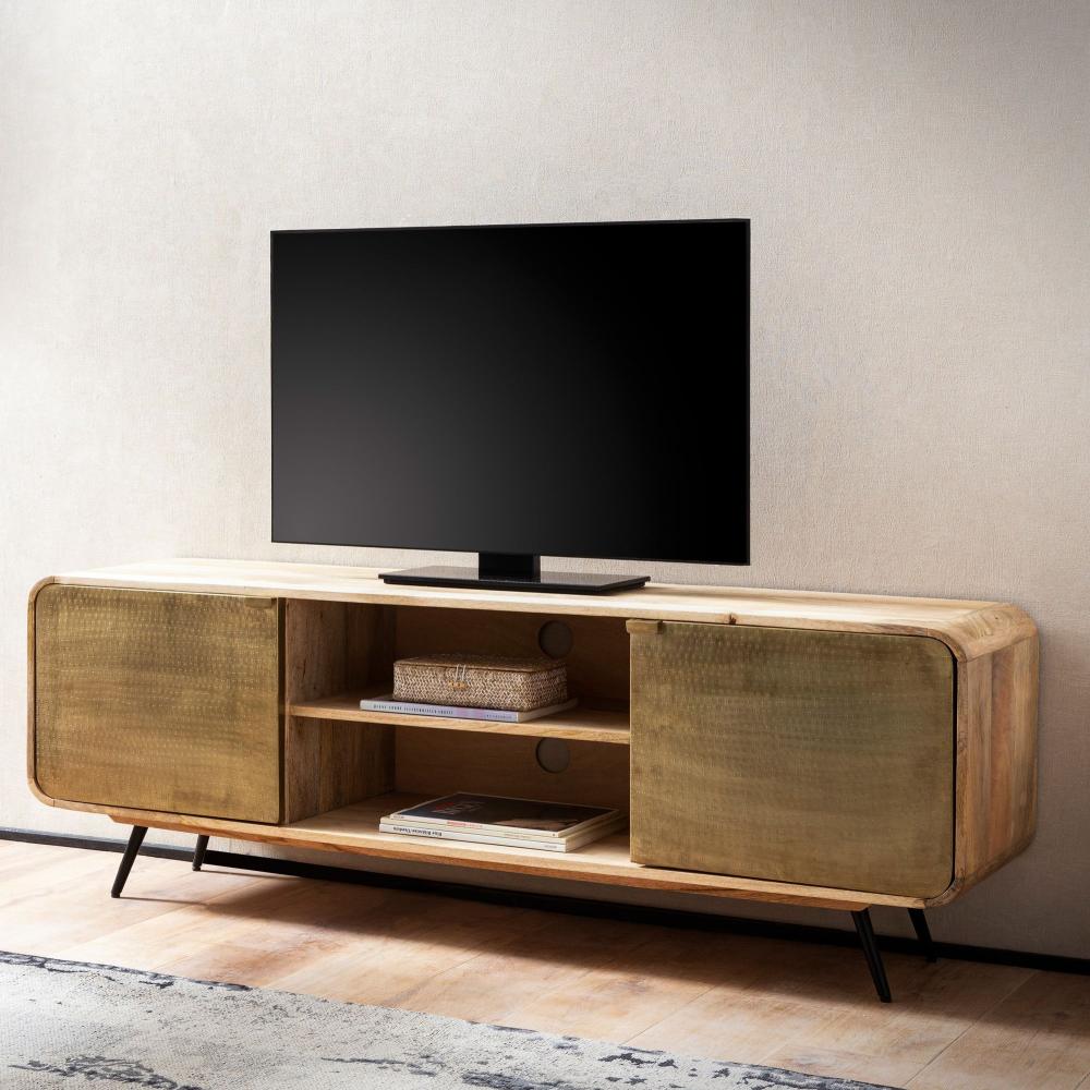 FineBuy Lowboard Mango Massivholz 160x55x41 cm TV-Kommode mit zwei punzierten Türen, Design TV-Schrank Hoch, Fernsehtisch Fernsehschrank Modern, Fernsehkommode Wohnzimmer Braun Bild 1