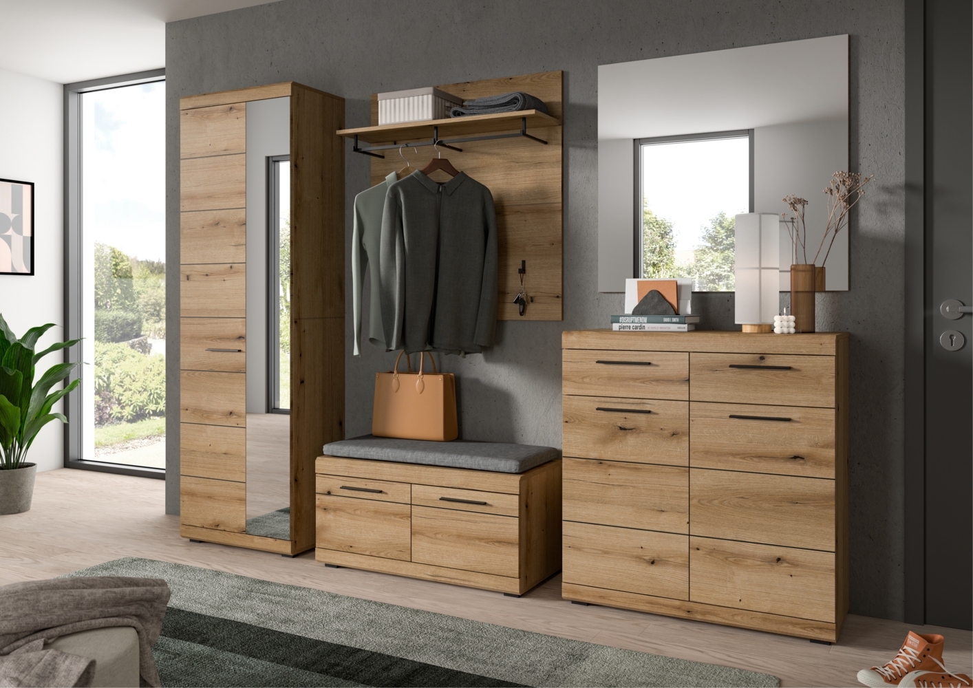 Garderobenkombination inkl. Sitzkissen (B/H/T: 272x197x40 cm) in Evoke Oak Nachbildung Bild 1