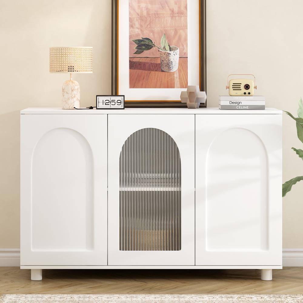 Merax Kommode, Elegantes und schlichtes U-förmiges Sideboard in Reinweiß mit Glastür und Rebounder-Design für Küche, Wohnzimmer und Esszimmer Bild 1