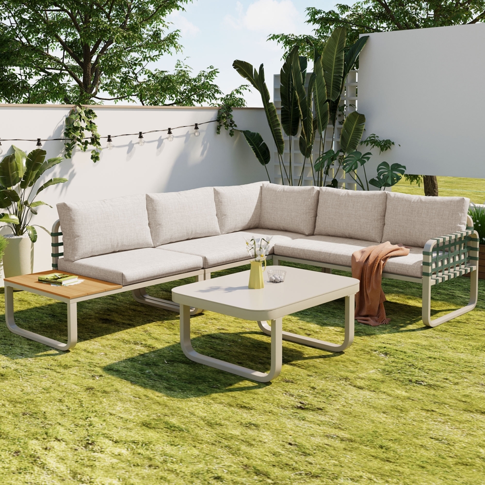 Merax Garten Lounge Set (4-5 Sitzer), Grünes Leder Rattan Gartenmöbel Set, Modernes Outdoor Sofa Set inkl. aller Sitz- und Rückenkissen, Balkonset, Garten und Terrasse, Aprikose Bild 1