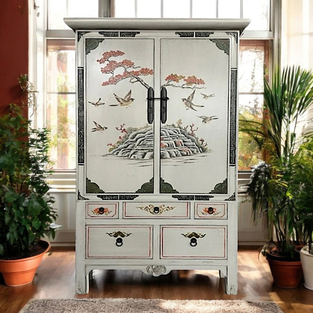 Chinesischer Hochzeitsschrank Weiß vintage handbemalt verziert Schrank Kommode Sideboard Lowboard asiatisch orientalisch Fernost Landhaus Bild 1