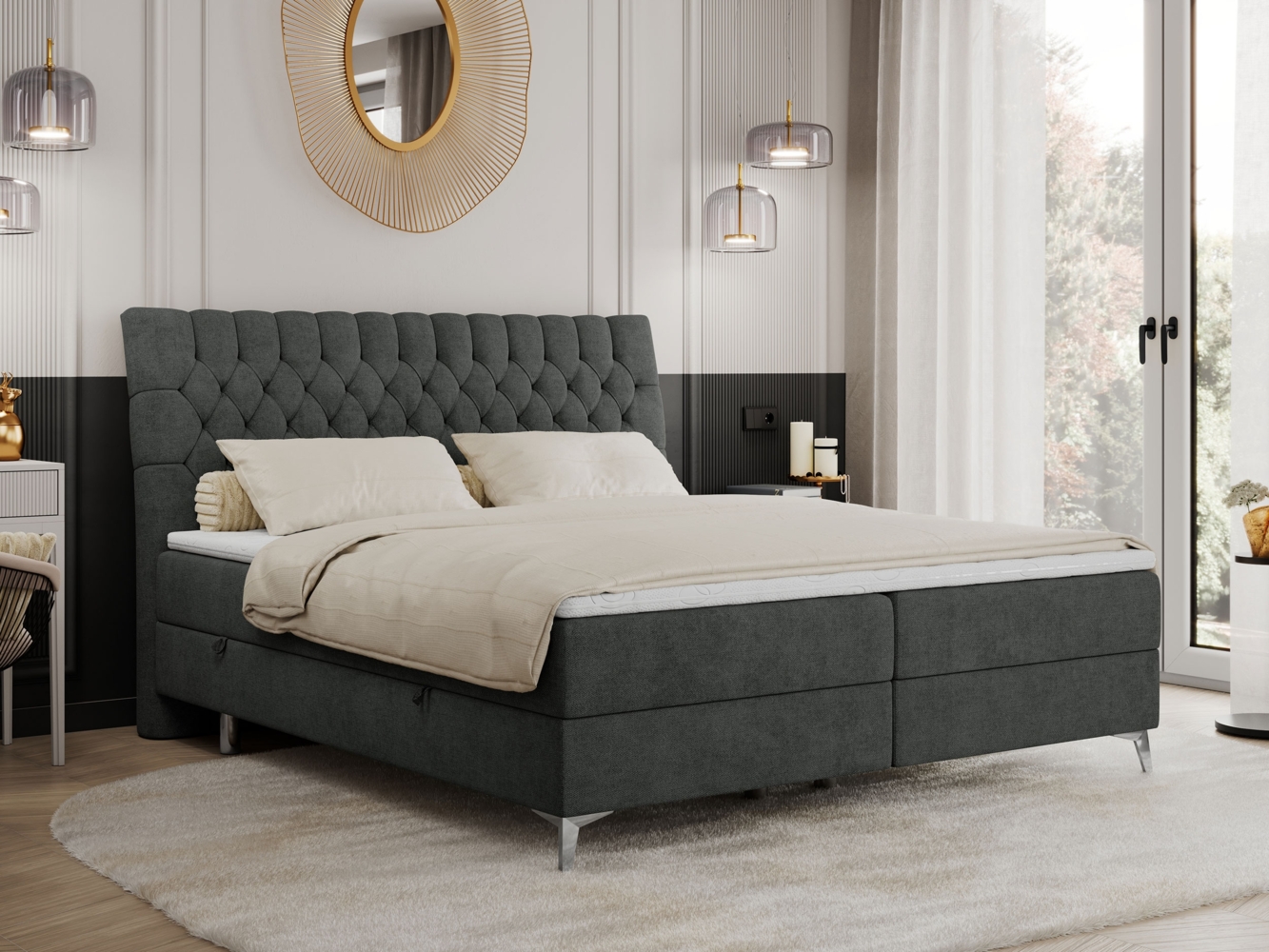 Boxspringbett mit 2 Bettkästen Matratze und Topper - MILEN - 180x200cm - Dunkelgrau Stoff - H3 Bild 1