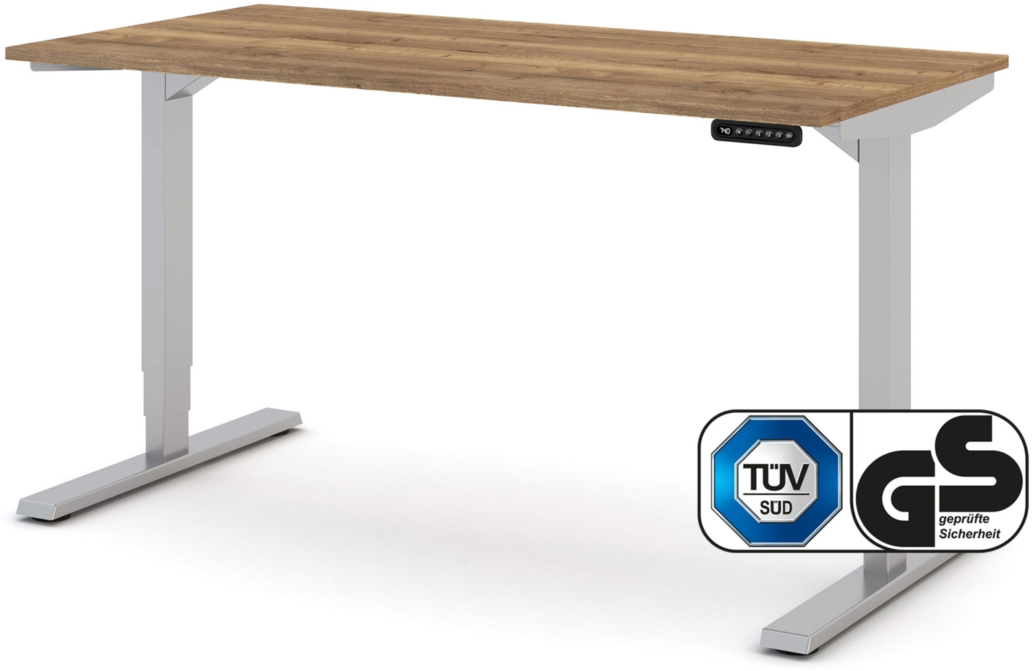 ASSMANN Elektrisch höhenverstellbarer Schreibtisch Y-Line 140x70cm Eiche Tabak Weißaluminium Metall Holz Melaminoberfläche Bild 1
