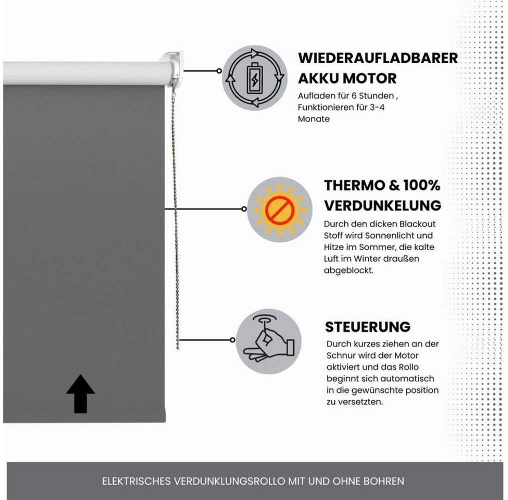 Elektrisches Rollo Verdunklungsrollo mit Zugmotor aufladbarer Motor, Plisseeonline, verdunkelnd, Fensterrahmen Montage ohne Bohren und Wand-, oder Deckenmontage möglich, freihängend, Klemmfix Fenster,- Decken oder Wandmontage, Weiß, Grau Bild 1