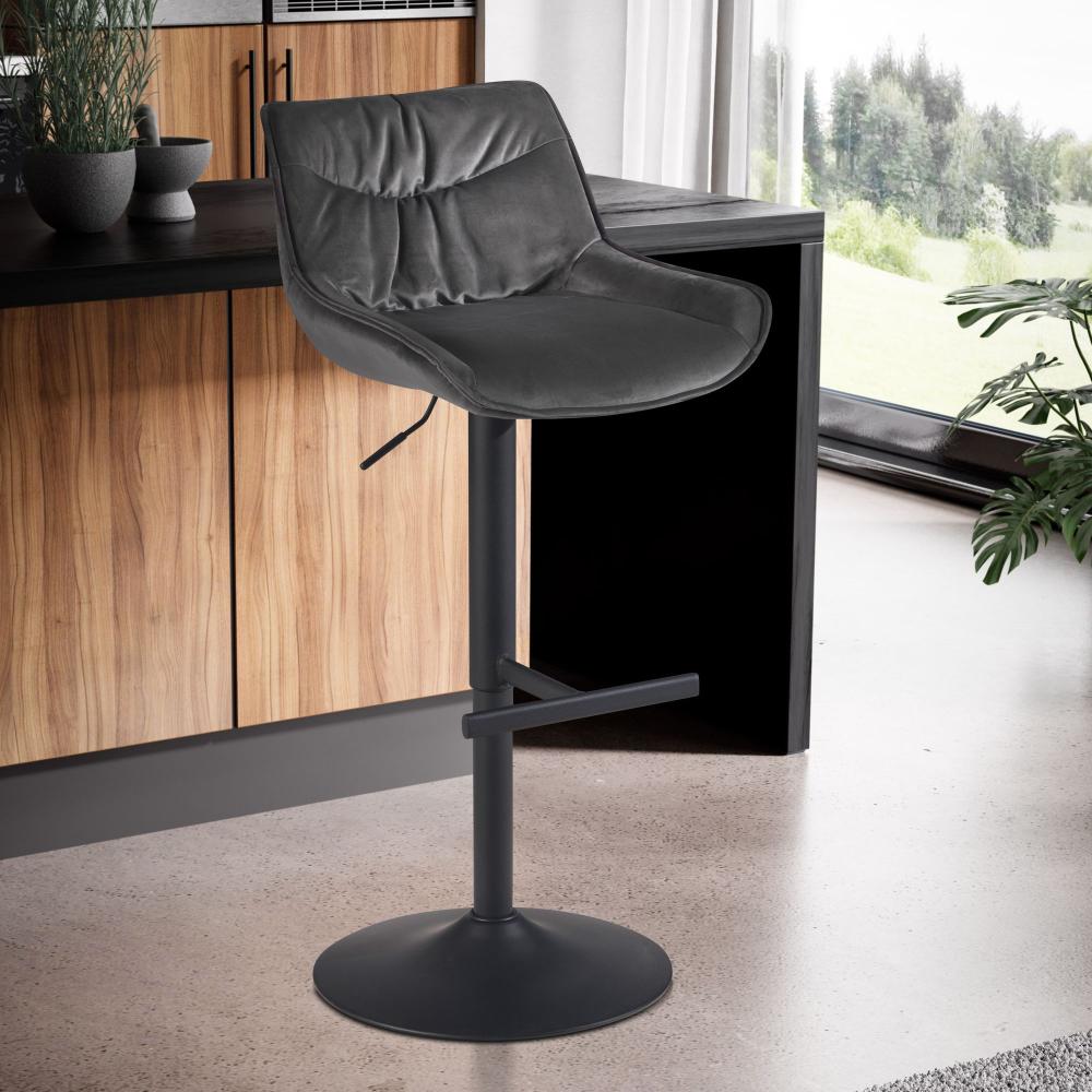 FineBuy Barhocker Samt Hocker mit Lehne 86 - 106 cm, Küchenhocker Höhenverstellbar Modern 100 kg, Design Barstuhl Tresenhocker mit Metall-Trompetenfuß, Bistrohocker Gepolstert Grau Bild 1