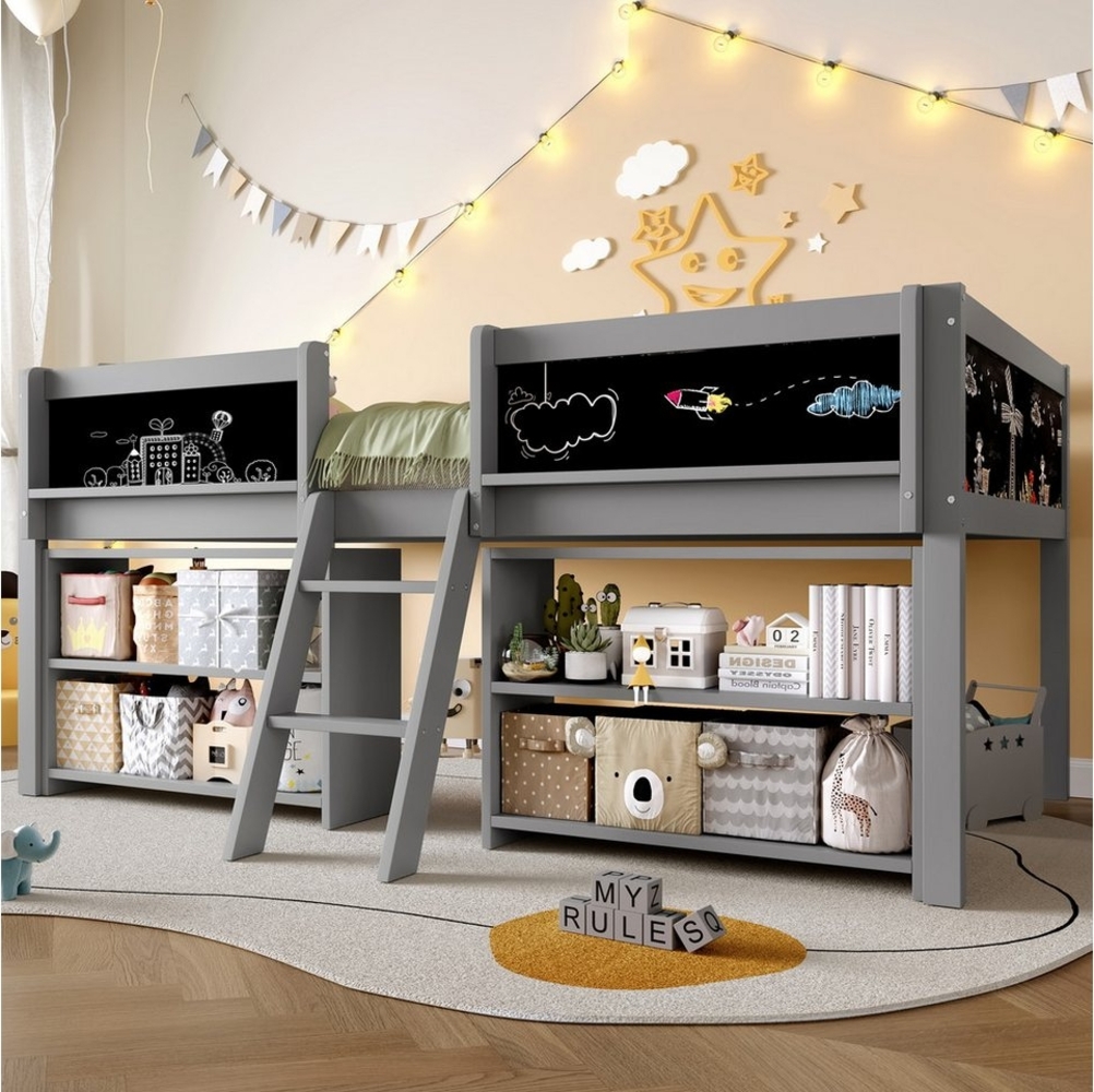 Flieks Hochbett Halbhohes Bett Kinderbett 90x200cm mit Tafel, Ablagefächer und Leiter Bild 1