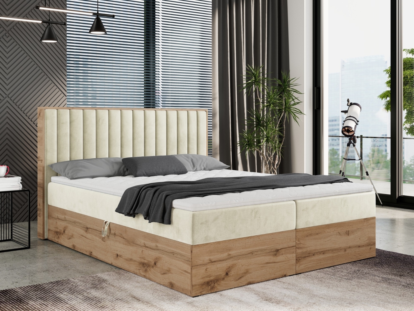 Boxspringbett mit dekorativem Kopfteil und zwei Bettkästen, Eiche Holzrahmen - ALBERO 4 - 140x200 cm - Beige Velours - H3 Bild 1