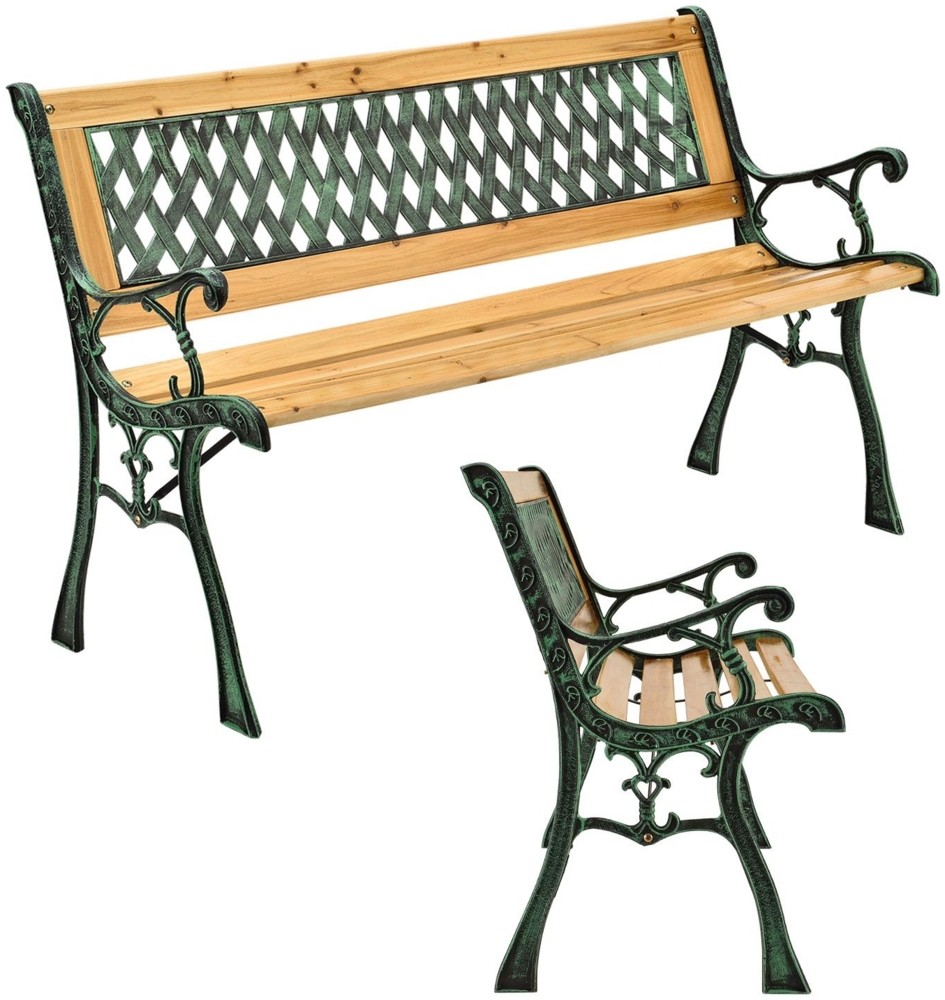 Juskys Gartenbank Pisa – 2-Sitzer Holzbank mit Armlehnen & Rückenlehne – wetterfeste Sitzbank 122x54x73 cm - Seitenelemente aus Gusseisen Bild 1