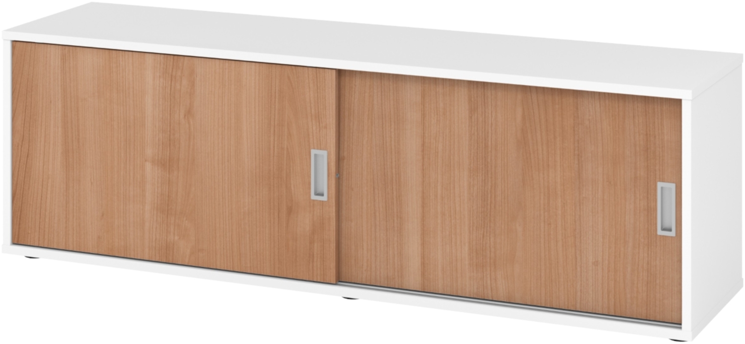 bümö Lowboard Schiebetürenschrank in Weiß/Nussbaum - Büromöbel Sideboard aus Holz, 160 cm breit, Büroschrank nur 40 cm schmal, Büro Schrank mit Schiebetüren für Ordner & Co, 1750S-W-N Bild 1