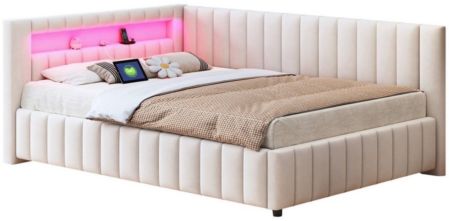 MODFU Polsterbett Schlafsofa Multifunktionsbett Stauraumbett Daybett Tagesbett (mit LED-Licht, USB-Anschluss, Rückenlehne und stabilem Rahmen, für Schlafzimmer & Gästezimmer, 140x200 cm), Ohne Matratze Bild 1