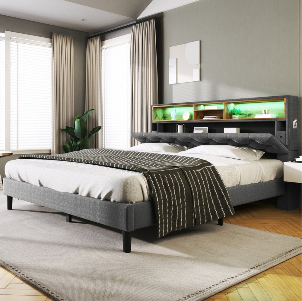 BlingBin Polsterbett Bett (mit LED-Beleuchtung, Lattenrost aus Holz, 140×200CM), aufladen USB, Stauraum-Kopfteil, Leinen Bild 1