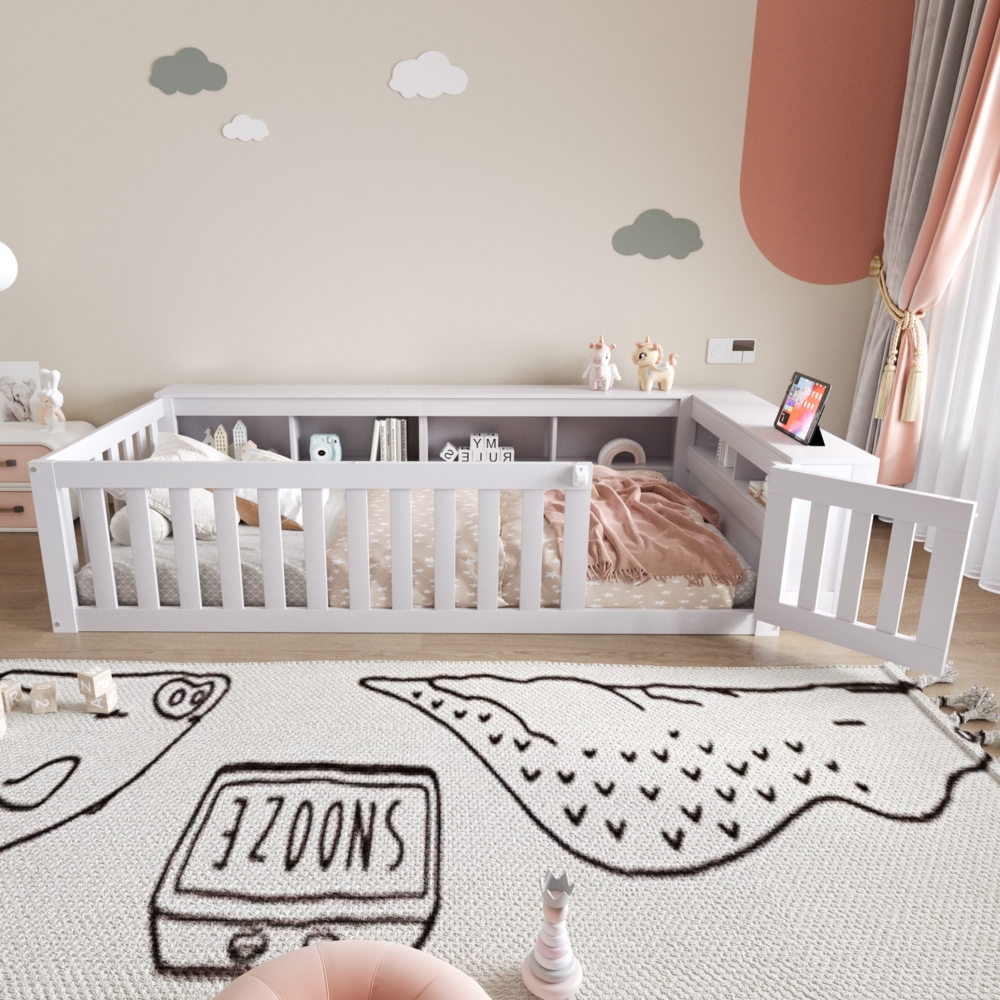 Kinderbett 90x200cm mit Stauraum und Sicherheitsgeländer,Massivholz Bodenbett mit Tür,Grau,multifunktionales Design Bild 1