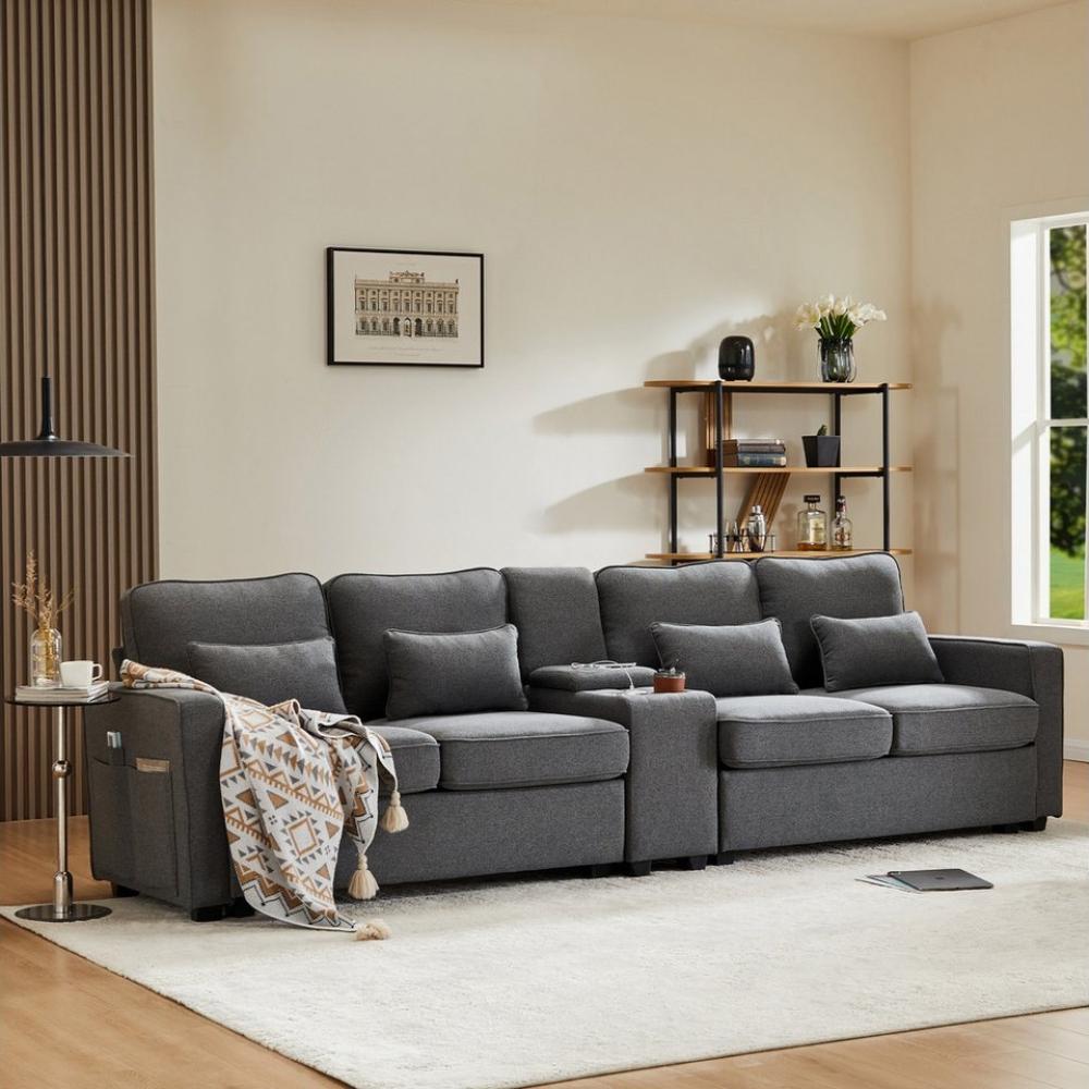 Merax 4-Sitzer mit Seitentaschen und Getränkehälter, XXL-Sofa mit USB,Chaiselounge,Polstermöbel mit Zierkissen Bild 1