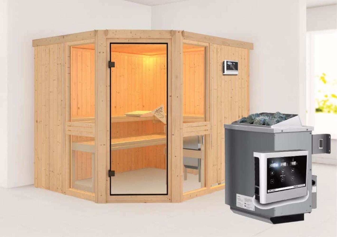 Karibu Sauna Amelia Innensauna 2 Sitzbänke aus Holz mit 68 mm Wandstärke, inkl. 9 KW BioAktiv Kombiofen, ext. Steuerung, Ausführung: Ohne Dachkranz, B 196 x T 170 x H 198 cm Bild 1