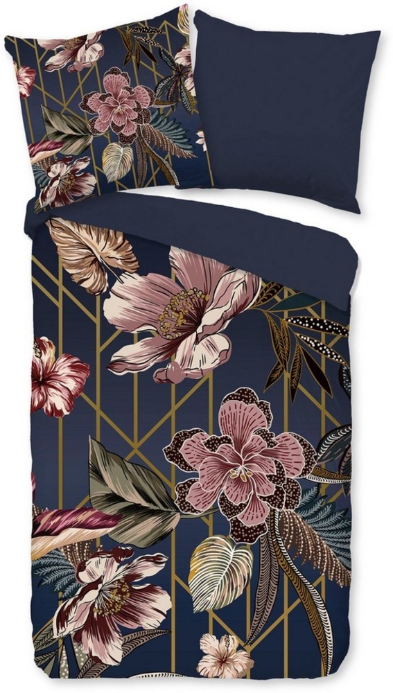 PURE luxury collection Wendebettwäsche Jos, Microfaser, 2 teilig, Mikrofaser, Pflegeleicht, Reißverschluss, Wendeoptik, Blume, Blau Bild 1