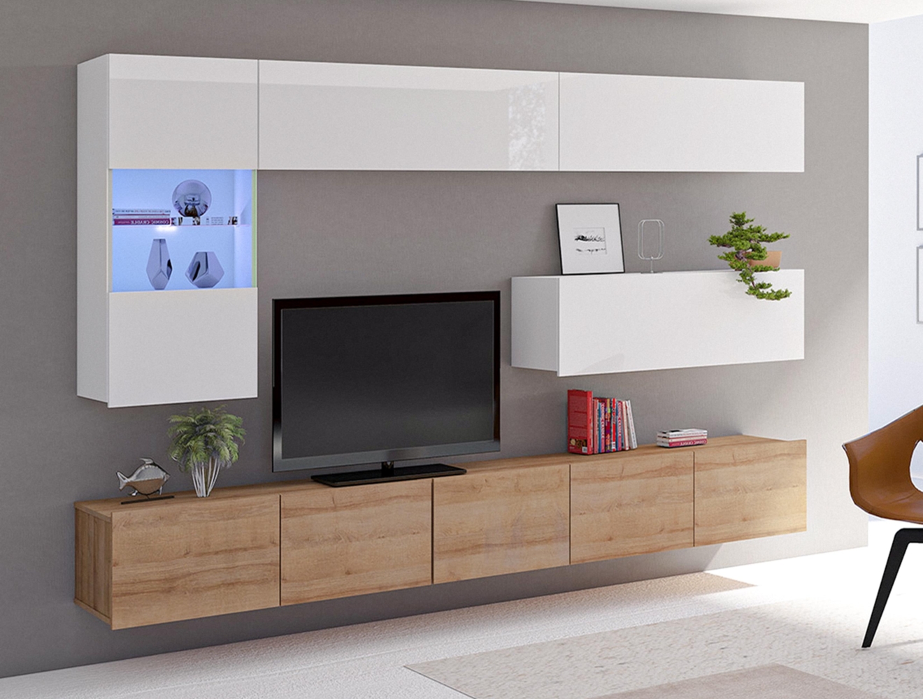 AX LIVING Möbel im Wohnzimmer Kossana 4 –255 Breite Weiß/Goldene Eiche Bild 1