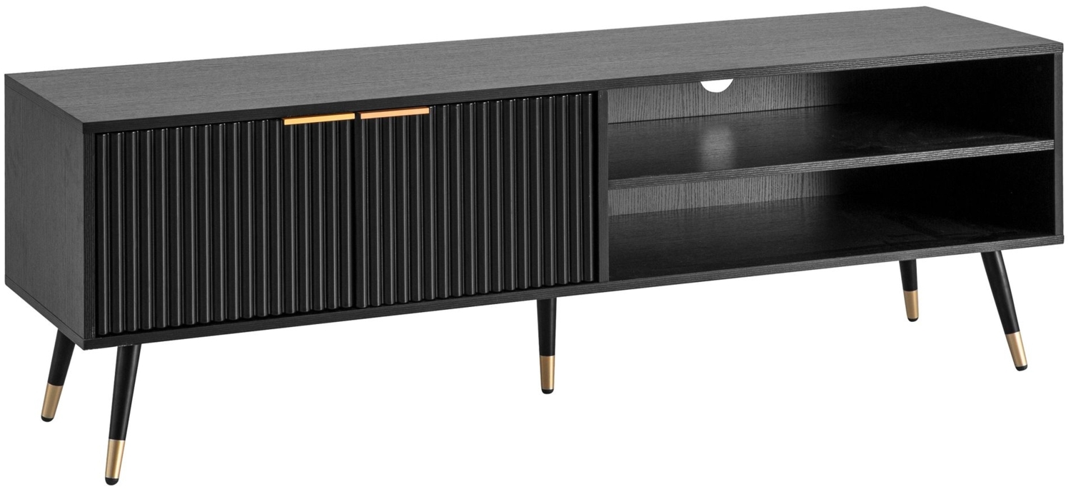 Lowboard Schwarz mit Eiche-Dekor 150 x 51 x 39 cm TV-Kommode Modern, Design TV-Schrank Hoch, Fernsehtisch Fernsehschrank mit Türen & Ablagefächern, Fernsehkommode Wohnzimmer Bild 1