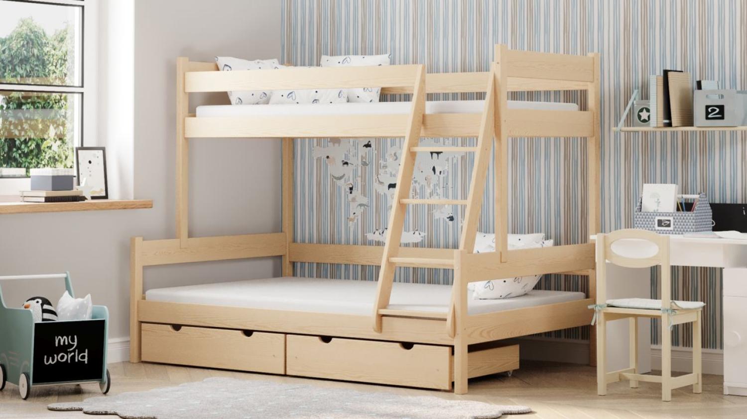 Etagenbett Family 90/120×200cm mit Lattenroste 100% Massivholz Kiefer mit einer Schublade Bild 1