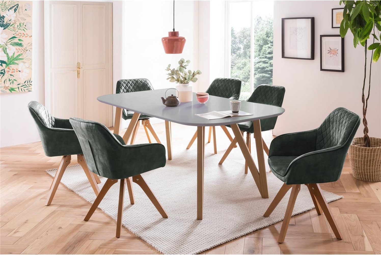 Essgruppe 5-tlg. Tisch 180x90 aus MDF Grau + 4 Stühle aus Samtvelours Dunkelgrün Bild 1