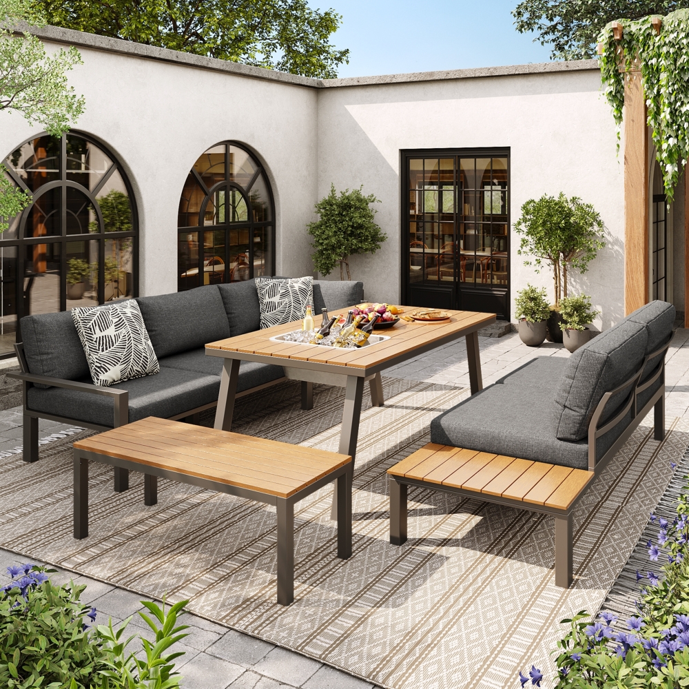 Merax Gartenloungeset 7 Personen, Gartenmöbelsets Gartengarnitur 5-tlg, Doppelsofa, Ecksofa, Bank, Gartentisch mit Eiskübel, Balkonmöbel Set, Grau Bild 1