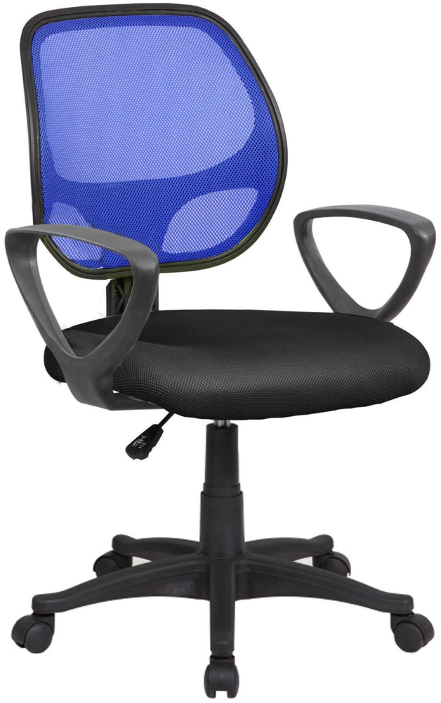 Dmora Stuhl mit Rädern Filiberta, Mesh-Arbeitsstuhl mit Armlehnen, ergonomischer Bürositz, 56x57h88/100 cm, Schwarz und Blau Bild 1