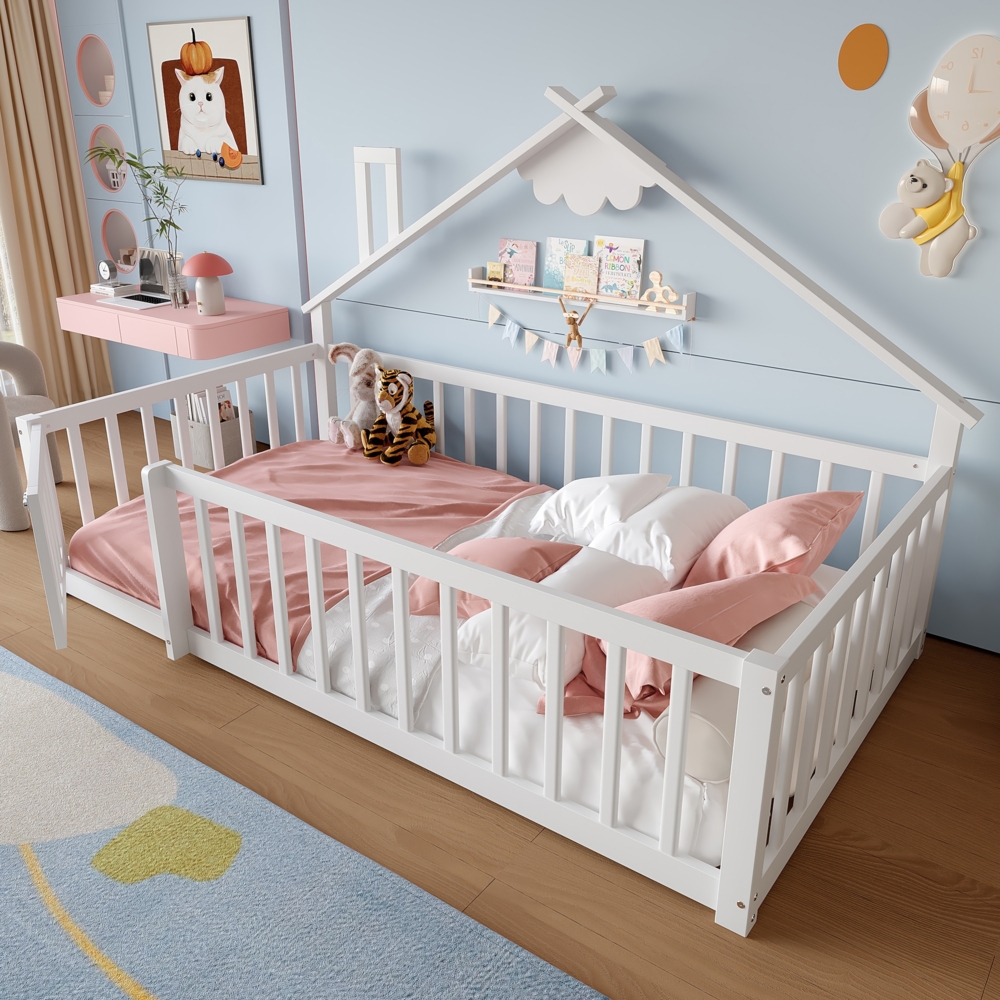 Flachbett Kinderbett Hausleiste Geländer mit Schloss Kiefernholz Weiß 90 x 190 cm Bild 1