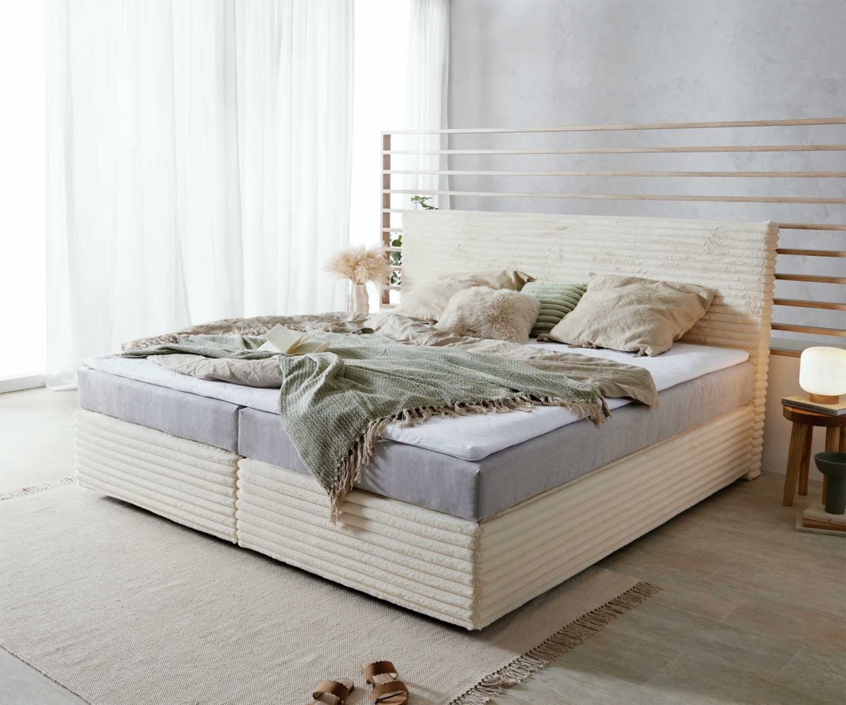 Boxspringbett Dream-Well Plüsch-Cord Beige 200x200 cm mit Taschenfederkernmatratze und Topper Visco Bild 1