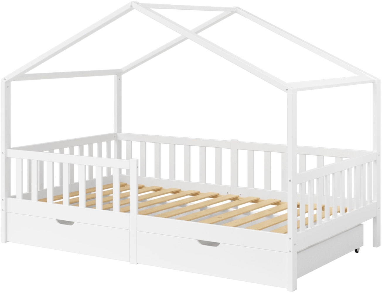 Bellabino 'Bia' Hausbett 120x200 cm mit Matratze und 2 Schubladen, weiß, Kiefer Massivholz, Montessori Kinderbett mit Stauraum, inkl. Rausfallschutz und Lattenrost Bild 1