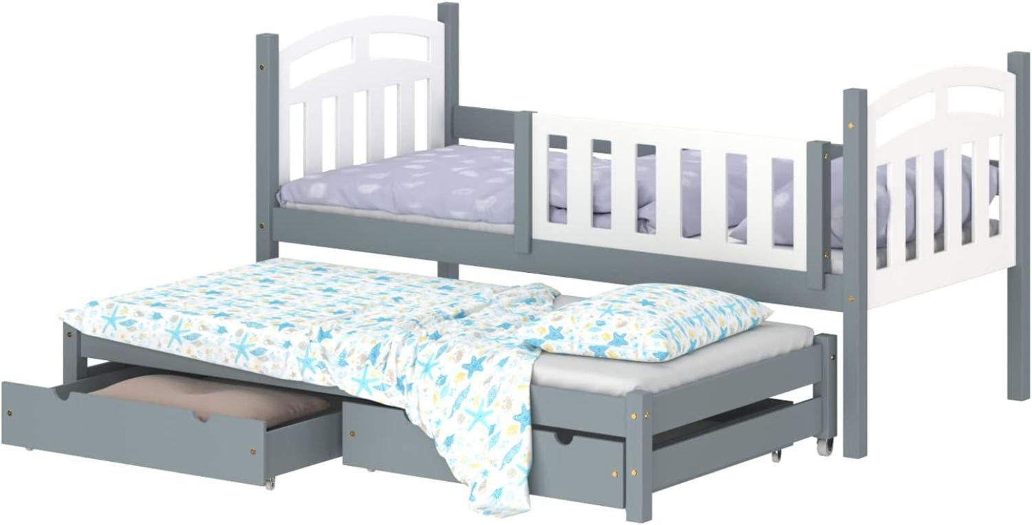 WNM Group Kinderbett Ausziehbar mit Rausfallschutz und Lattenrost Suzie - aus Massivholz - Ausziehbett für Mädchen und Jungen - Bett mit 2 Schubladen - Funktionsbett 190x80/180x80 cm - Grau Bild 1