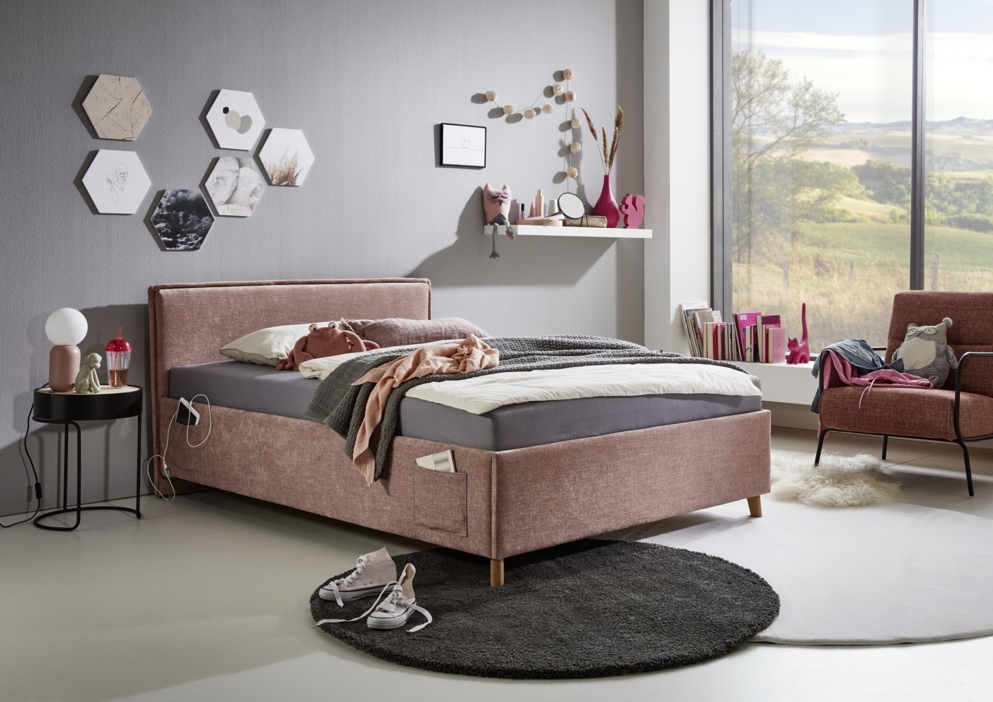 Polsterbett >Fun< Liegefläche 120x200cm, City Rose, Stellmaß: 133x90x215cm (BxHxT) Bild 1