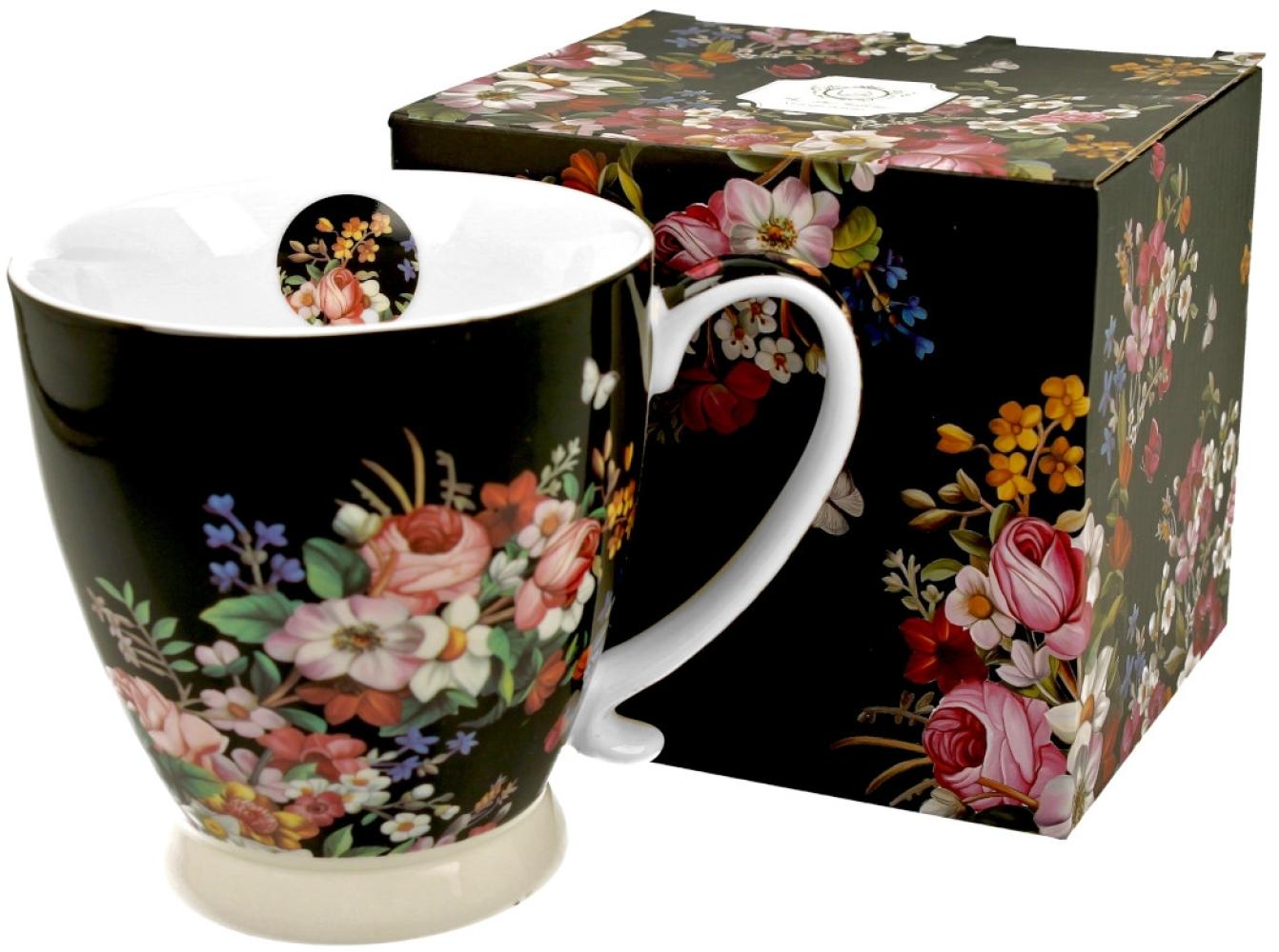 DUO FLORAL Jumbobecher 480 ml VINTAGE FLOWERS BLACK mit Fuß, New Bone China Porzellan Bild 1