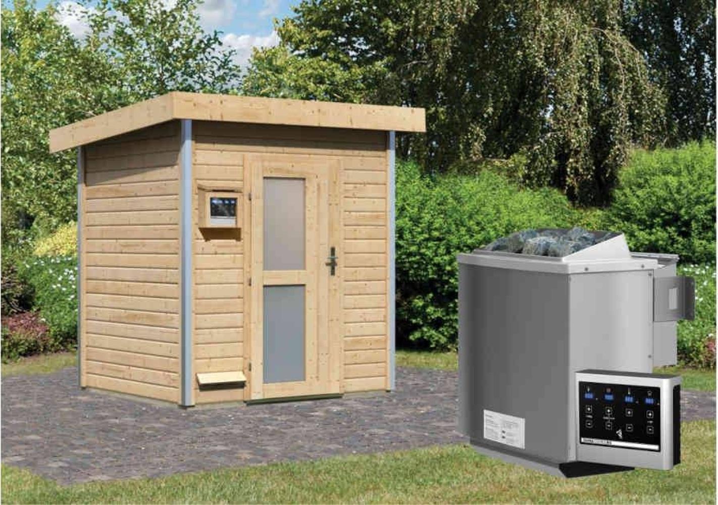 Karibu Sauna Jorgen naturbelassen + 9 kW BIO-Kombiofen mit ext. Steuerung Easy Moderne Tür Bild 1