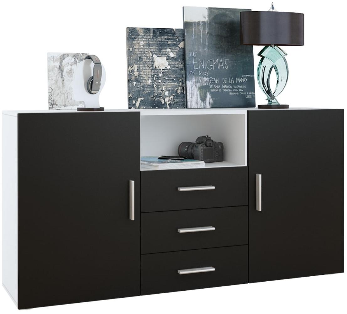 Vladon Sideboard Skadu, Kommode mit 2 Türen, 3 Schubladen und 1 offenem Fach, Weiß matt/Schwarz matt (138,5 x 71,5 x 35 cm) Bild 1