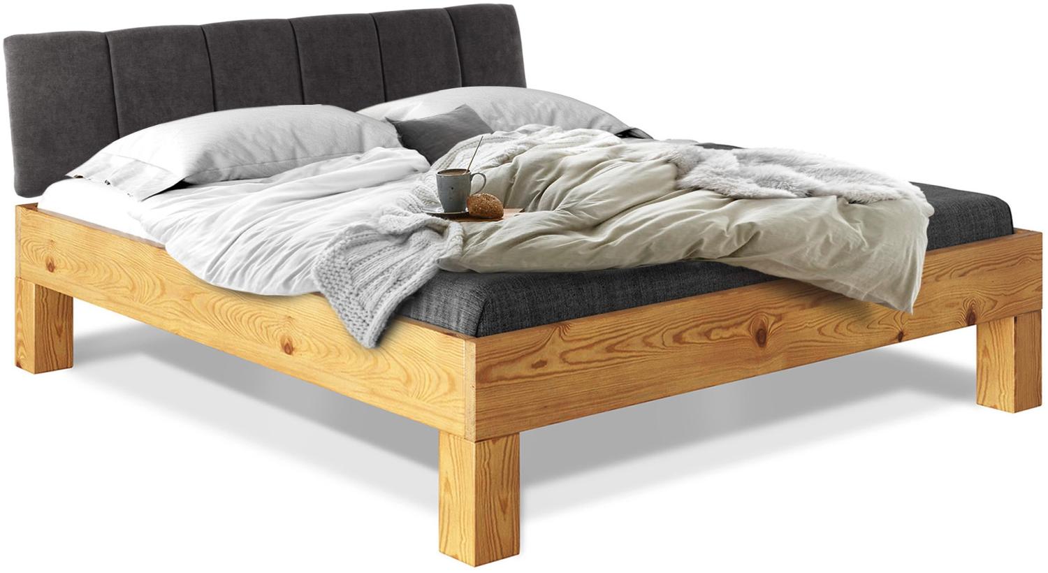 Möbel-Eins CURBY 4-Fuß-Bett mit Polster-Kopfteil, Material Massivholz, rustikale Altholzoptik, Fichte natur 140 x 220 cm Standardhöhe Stoff Anthrazit mit Steppung Bild 1