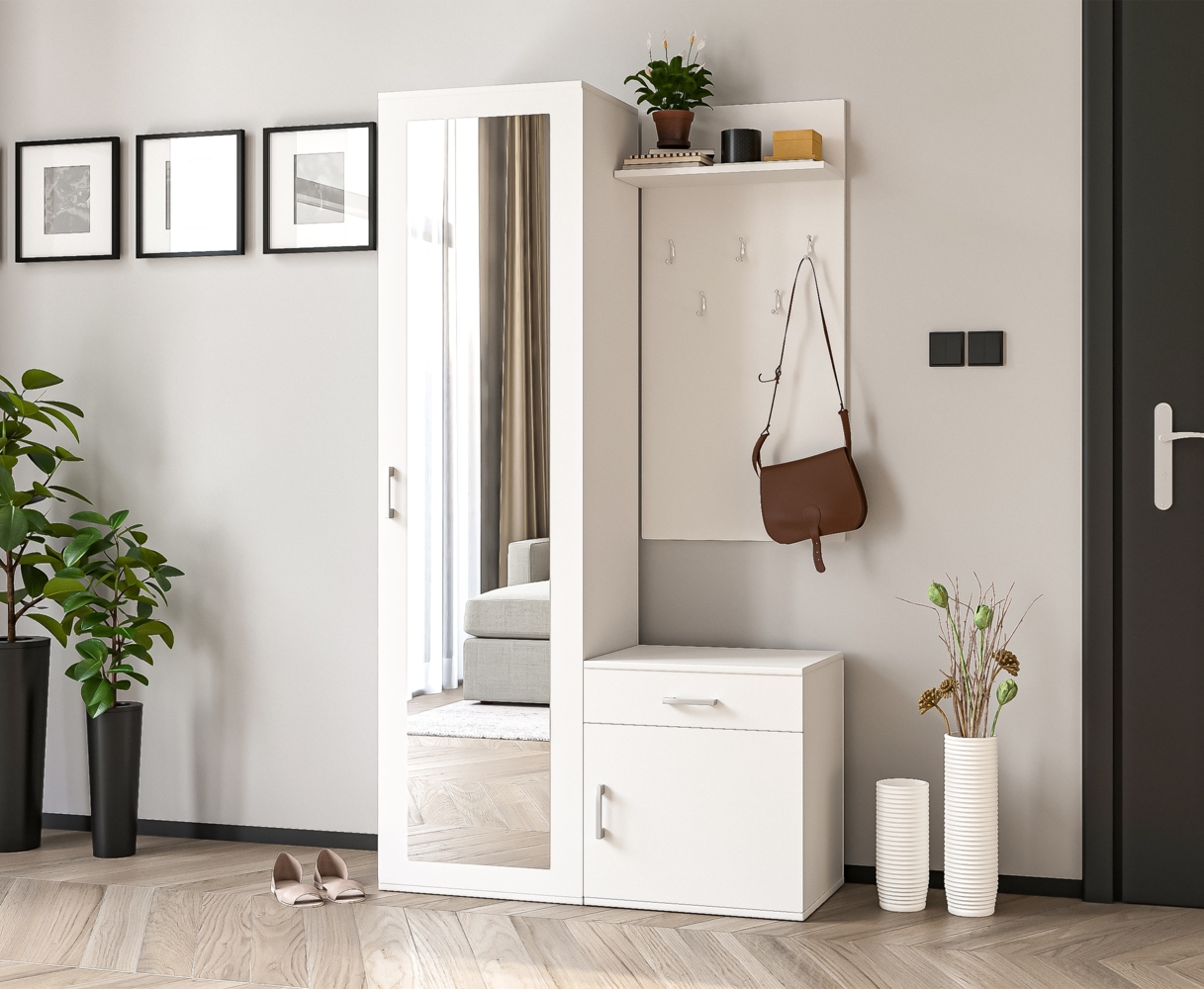 AX LIVING Flurgarderobe Weiß Modern Magnola 100cm Breite, mit Spiegel & Stauraum Bild 1