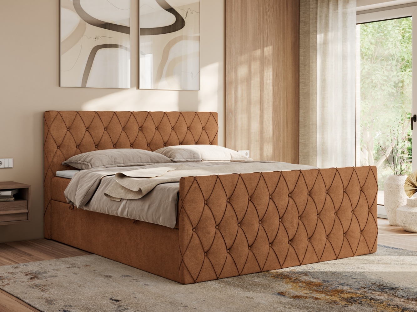 Boxspringbett mit gesteppter Front und Kopfteil, Multipocket-Matratze, zwei Bettkästen - MIREN DUO - 120 x 200 cm - Orange Stoff - H4 Bild 1