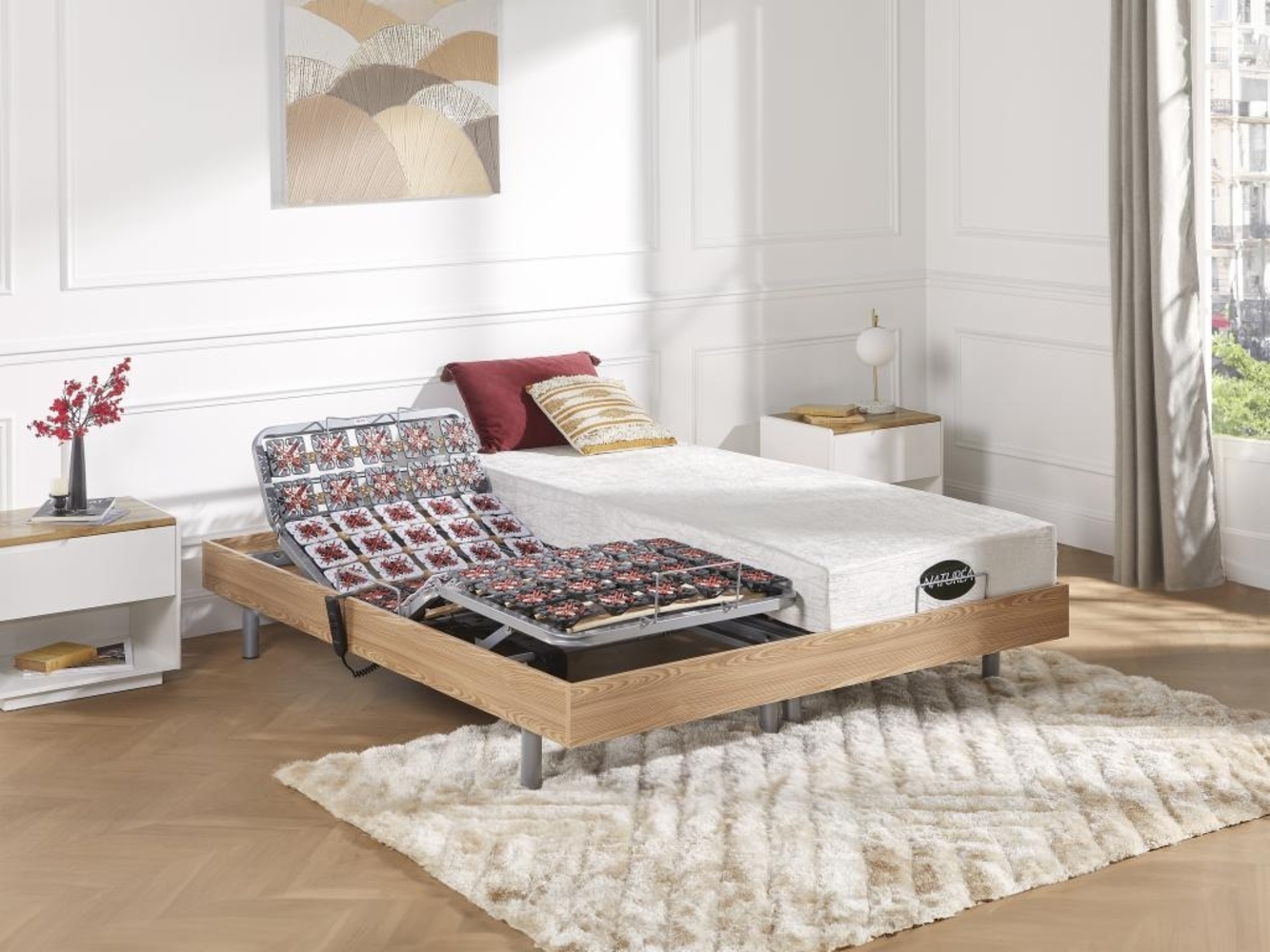 Vente-unique - Relaxbett elektrisch - Matratzen mit Memory Schaum & Bambus - LYSIS III von NATUREA - mit OKIN-Motor - 2 x 80 x 200 cm - Holzfarben Bild 1