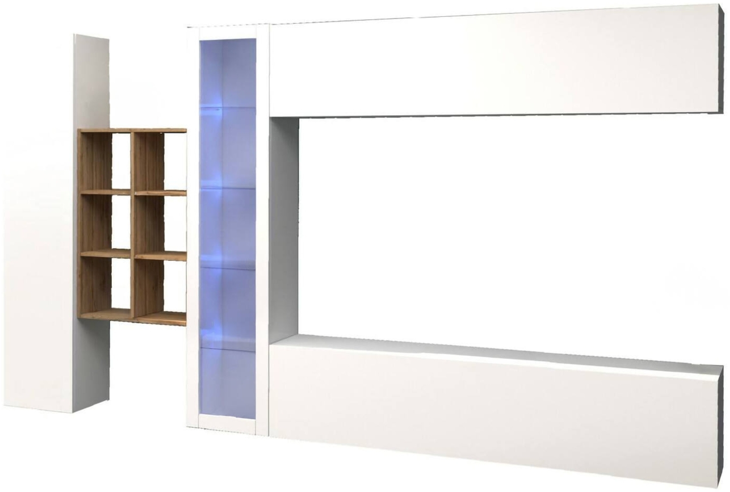 Dmora Ausgestattete Wand Alessano, 4-türiges TV-Ständer-Wohnzimmerset, Mehrzweck-Wohnzimmermöbel mit Vitrine und LED-Licht, 100 % Made in Italy, 280 x 30 x 180 cm, glänzendes Weiß und Ahorn, Bild 1