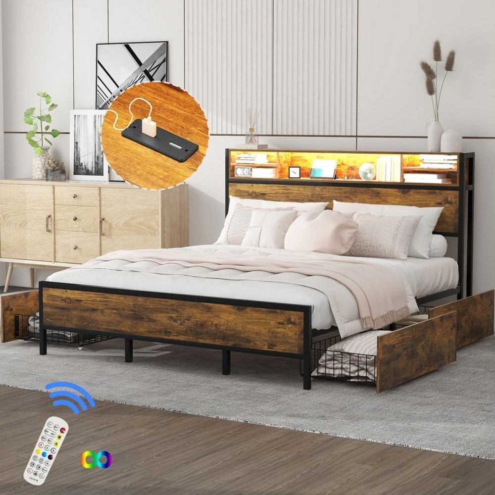 TavilaEcon Metallbett Flachbett Doppelbett Jugendbett Erwachsenebett mit 4 Schubladen, LED-Bett mit USB-Ladeanschluss,180x200cm Bild 1
