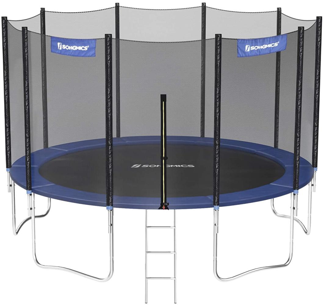 Songmics Trampolin mit Sicherheitsnetz, Leiter und gepolsterten Stangen, schwarz-blau, Ø 427 cm Bild 1