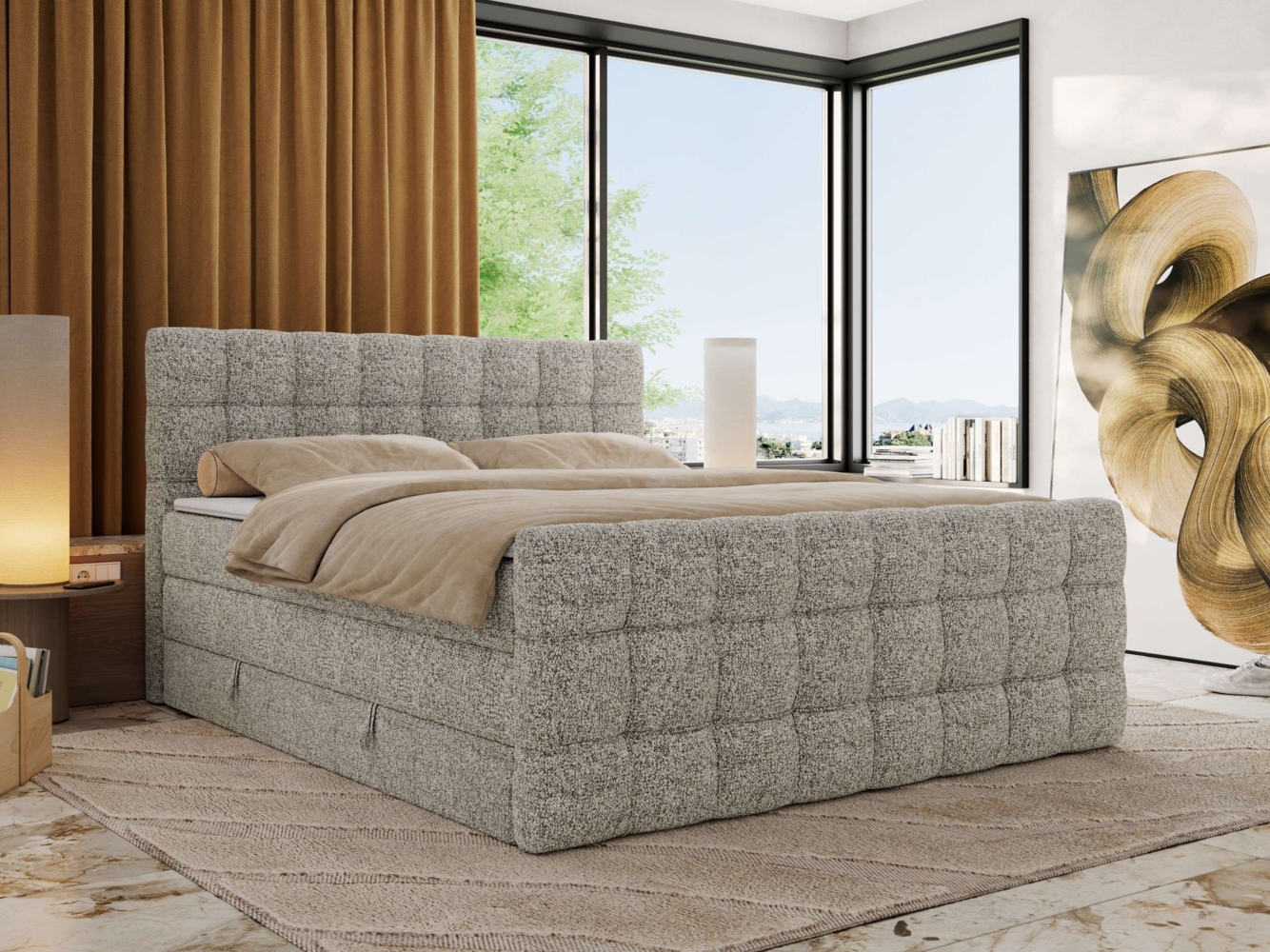 Boxspringbett ALTIVO KING DUO, Doppelbett mit Stauraum Multipocket-Matratze und Topper Bett mit Kopfteil, Fußteil - 180x200 cm - Beige Strukture - H3 Bild 1