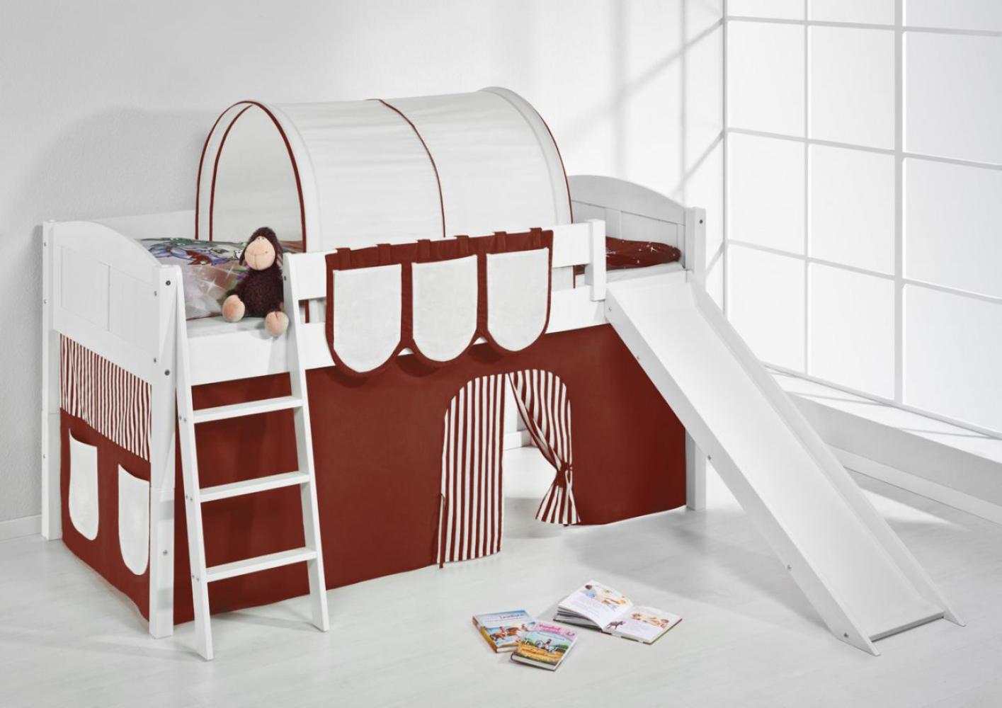 Lilokids 'Jelle' Spielbett 90 x 190 cm, Braun Beige, Kiefer massiv, mit Rutsche und Vorhang Bild 1