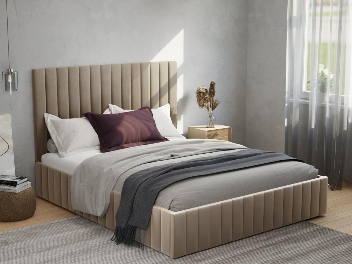 Vente-unique - Bett mit Bettkasten + Matratze - 180 x 200 cm - Bett-Kopfteil mit vertikalen Ziernähten - Samt - Taupe - LARALI von Pascal Morabito Bild 1