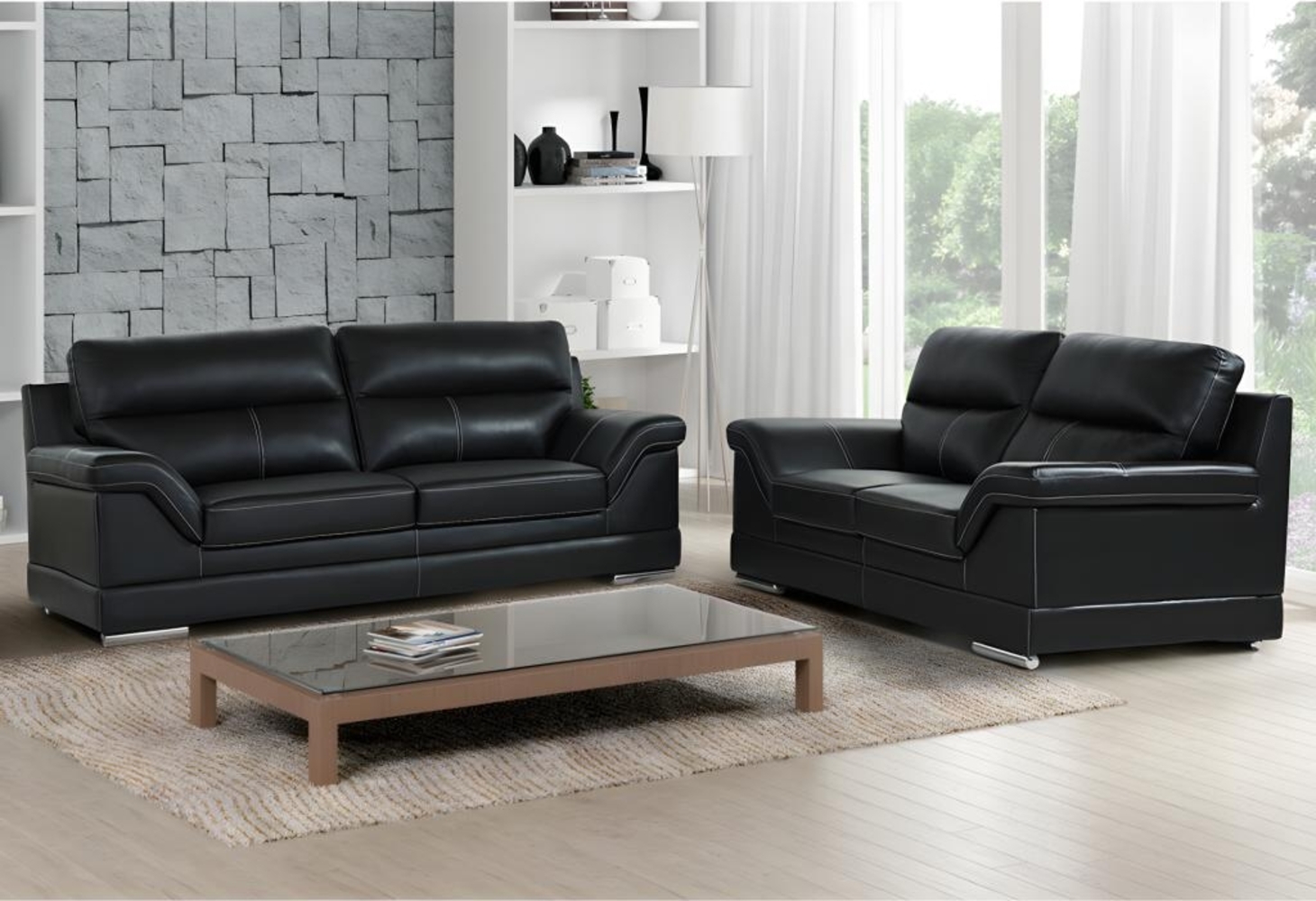 Vente-unique - Couchgarnitur 3+2 - Büffelleder - Schwarz - MONIKA Bild 1