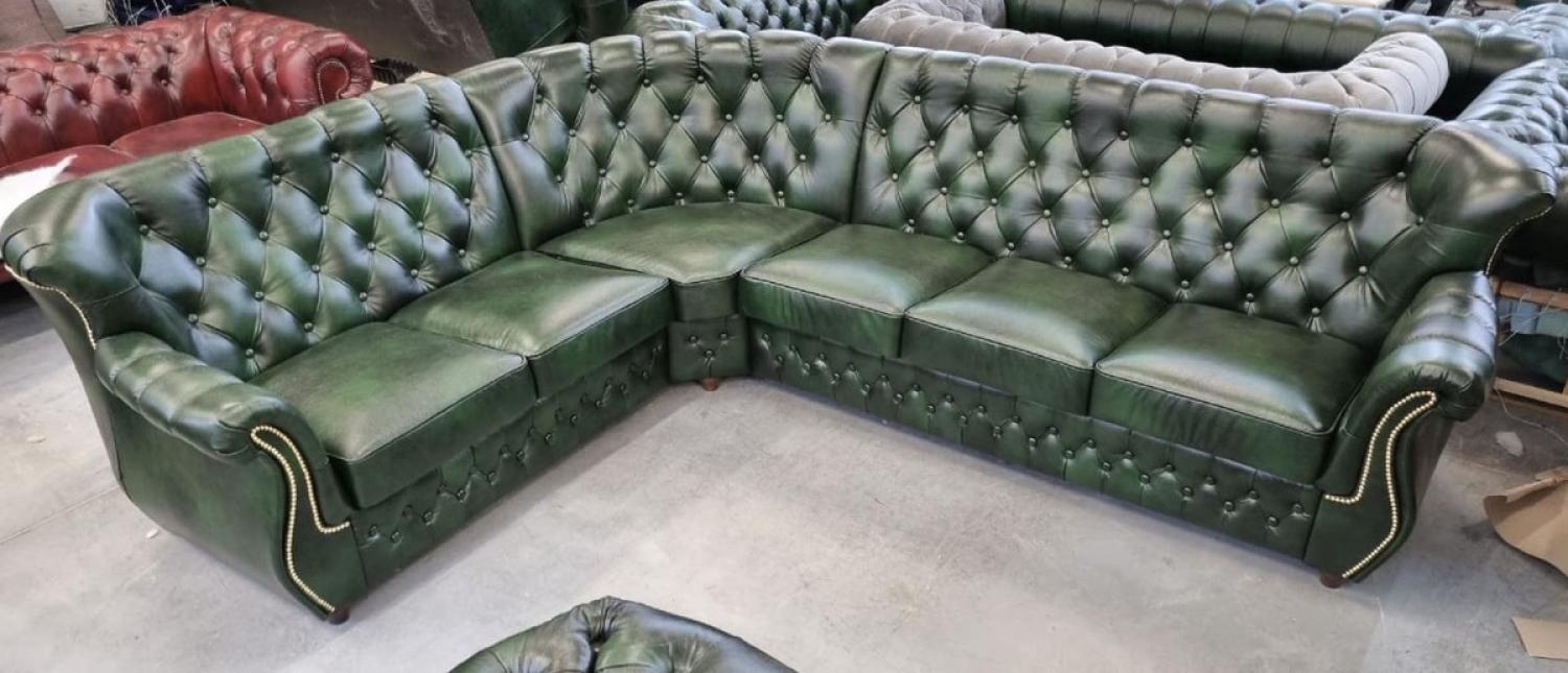 Casa Padrino Luxus Chesterfield Leder Ecksofa Vintage Grün 290 x 240 x H. 80 cm - Echtleder Wohnzimmer Sofa - Wohnzimmer Möbel - Chesterfield Möbel - Luxus Möbel - Luxus Wohnzimmer Einrichtung Bild 1